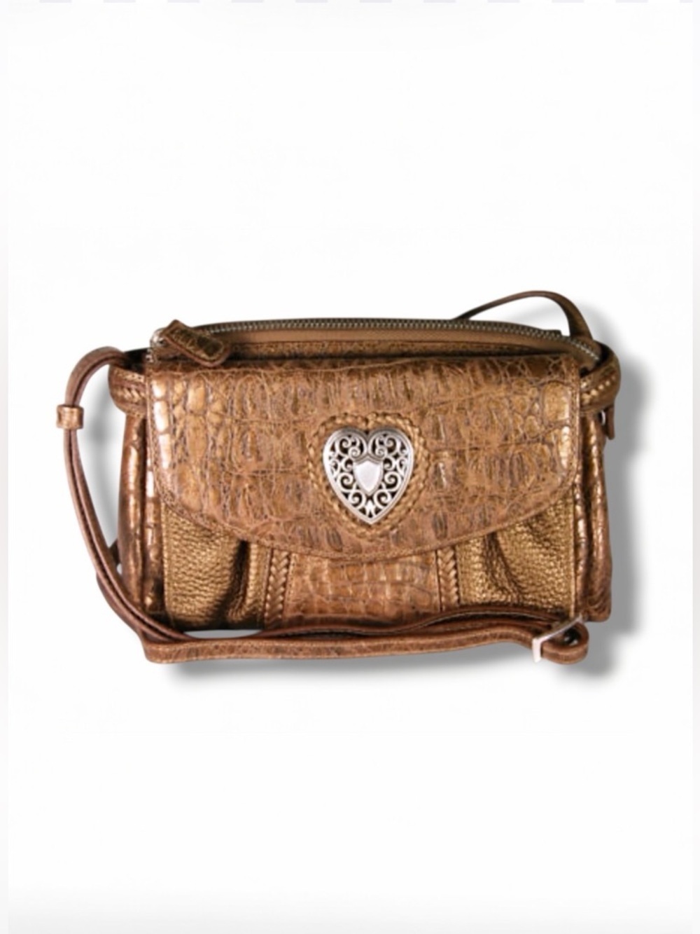 BRIGHTON Heraldic Heart Organizer Crossbody Bag with attached wallet, bronze